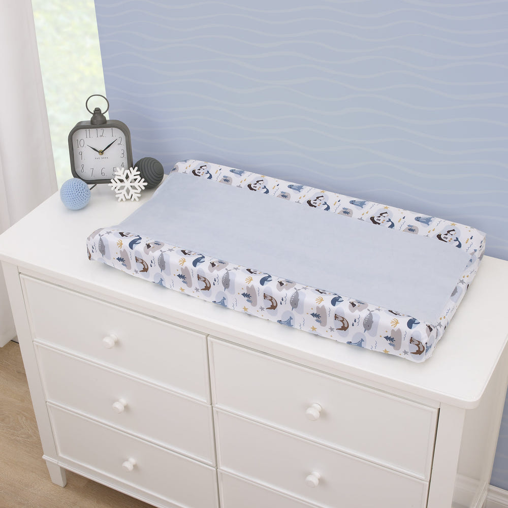 Arctic Adventure Light Blue, White, Navy and Taupe Whales, Penguins, Walrus and Otters Super Soft Contoured Changing Pad Cover