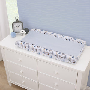Arctic Adventure Light Blue, White, Navy and Taupe Whales, Penguins, Walrus and Otters Super Soft Contoured Changing Pad Cover